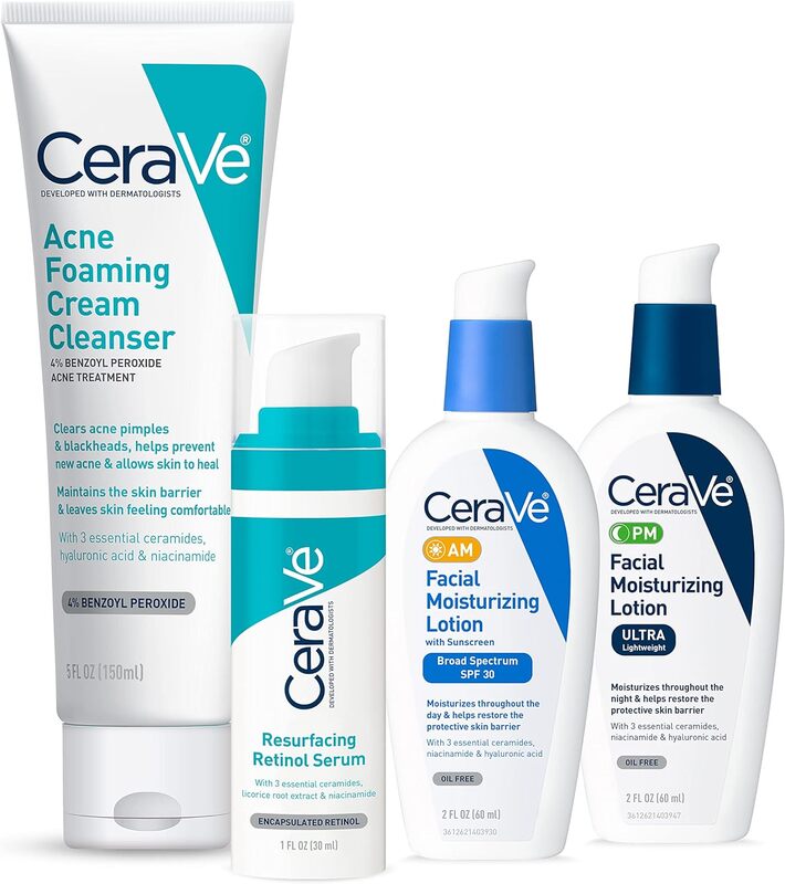 CeraVe Skin Care Set for Acne Treatment with Face Wash with Benzoyl Peroxide, Retinol Serum, AM Face Moisturizer with SPF & PM Face Moisturizer,5oz Cleanser, 1oz Serum,  2oz AM Lotion, 2oz PM Lotion